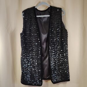 Vintage Handmade Black Sequin Glam Night Out Formal Women's Vest Fancy Cardigan